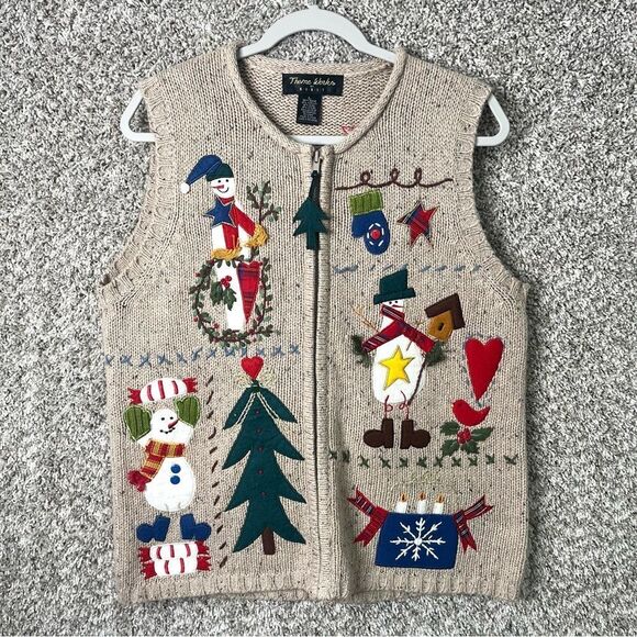 Theme Works Christmas Patchwork & Embroidered Wool Blend Zip Up Knit Vest Large - Picture 1 of 8